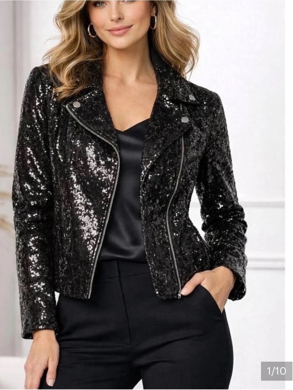 Colleen Lopez Black Sequined Moto Jacket